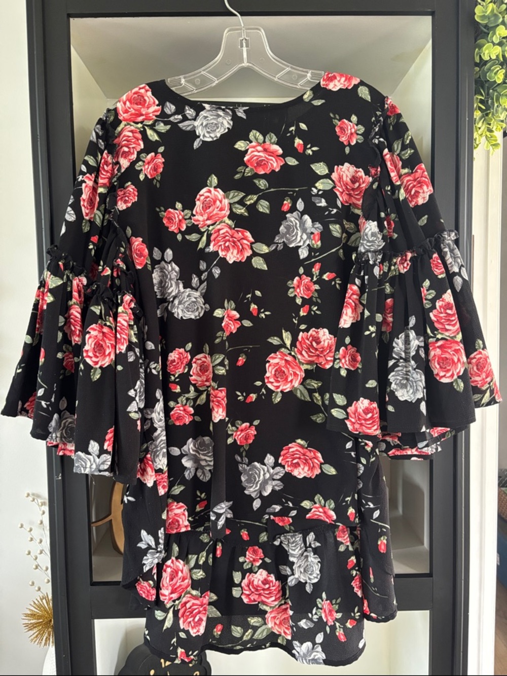 Umgee Black Floral Peasant Top with Red and Gray Roses